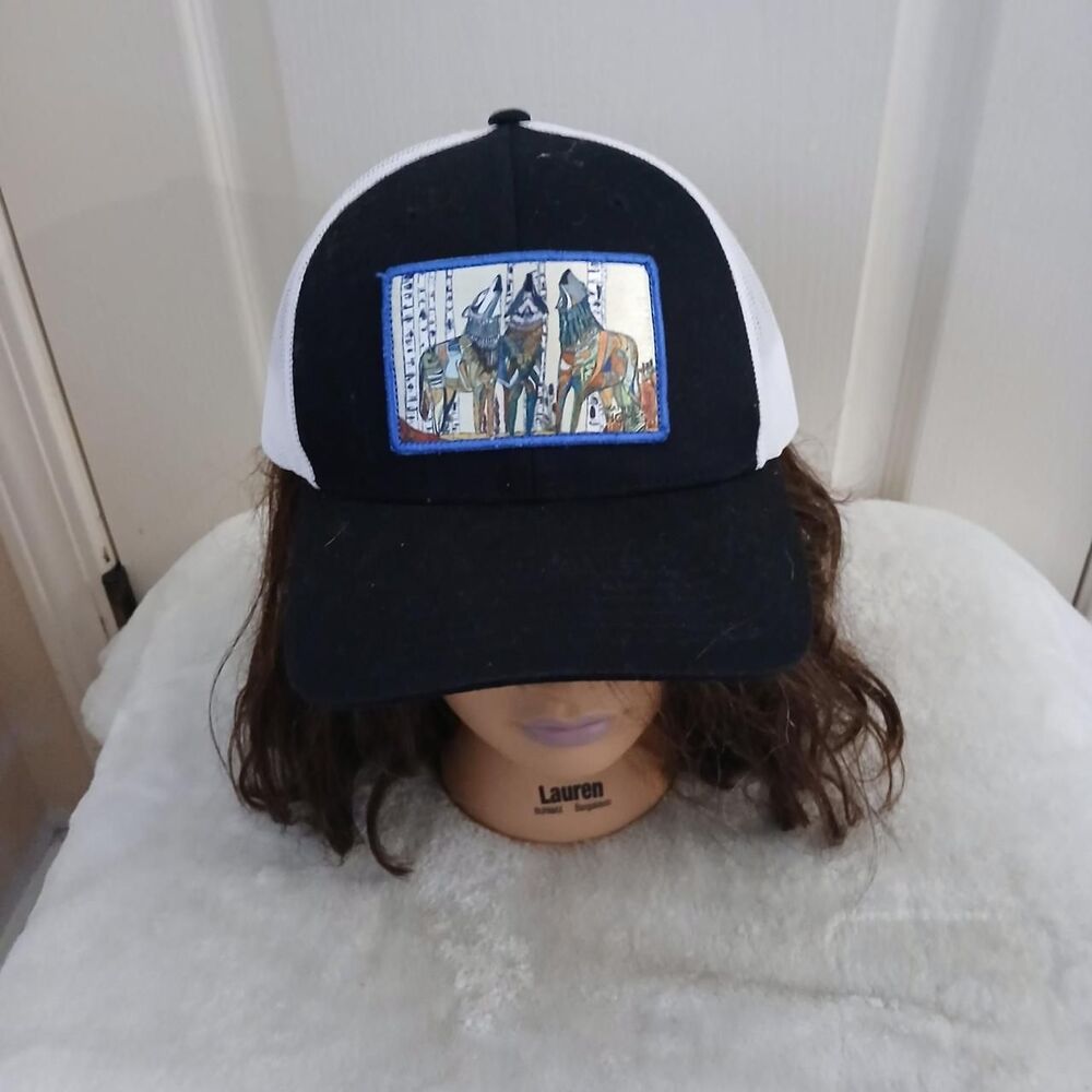 Rare Katherine Homes Howling Wolf Trucker Hat Black & White Boho Western Indie